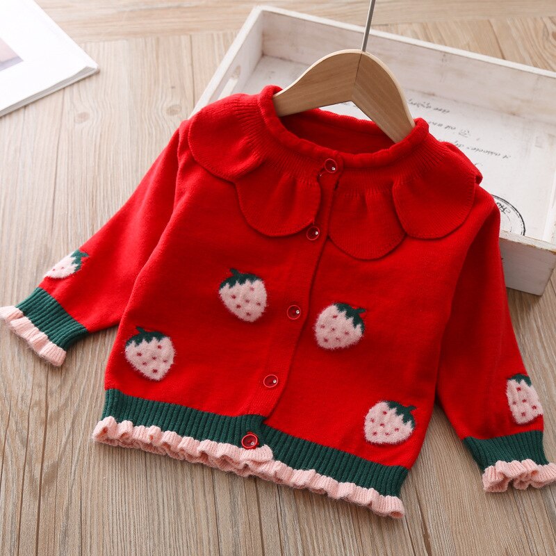 Efterår piger striktrøjer børn søde jordbær cardigans pige sweater: Rød / 3t