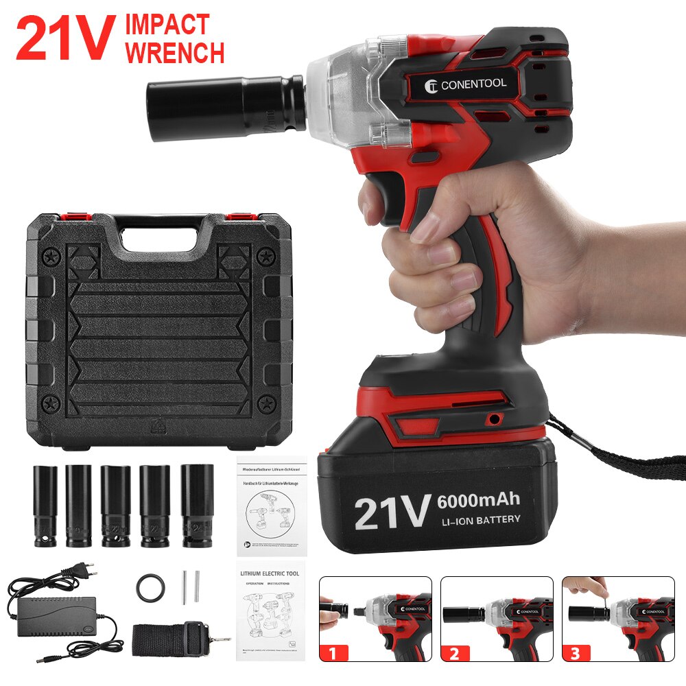 CONENTOOL Brushless Cordless Wrench 21V Power Tool 6000mAh Battery For Makita Rechargeable Battery Impact Wrench LED Light