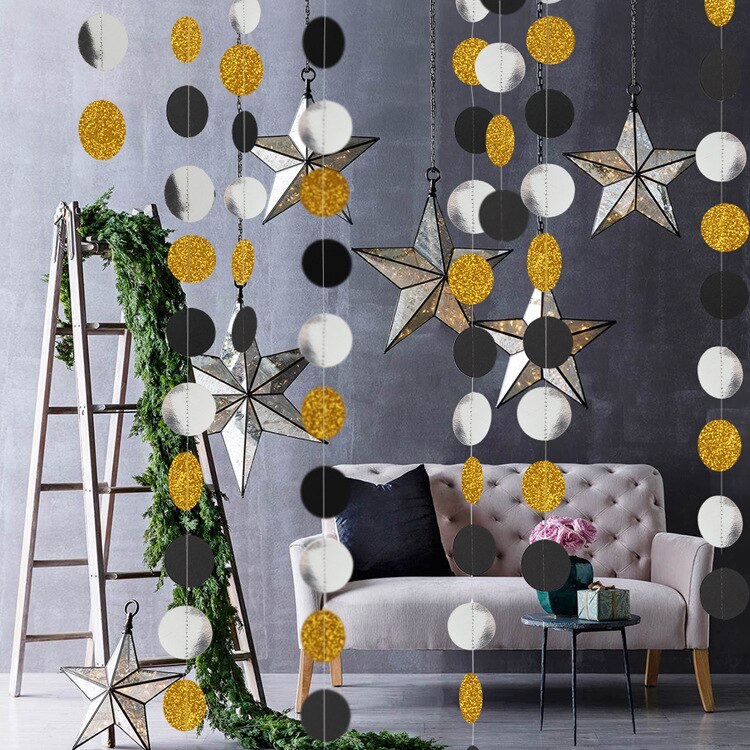 4Meter Silver Gold and Black Paper Circle Garland Round Banner Wall Hanging Garland For Christmas Wedding Birthday Party Decor