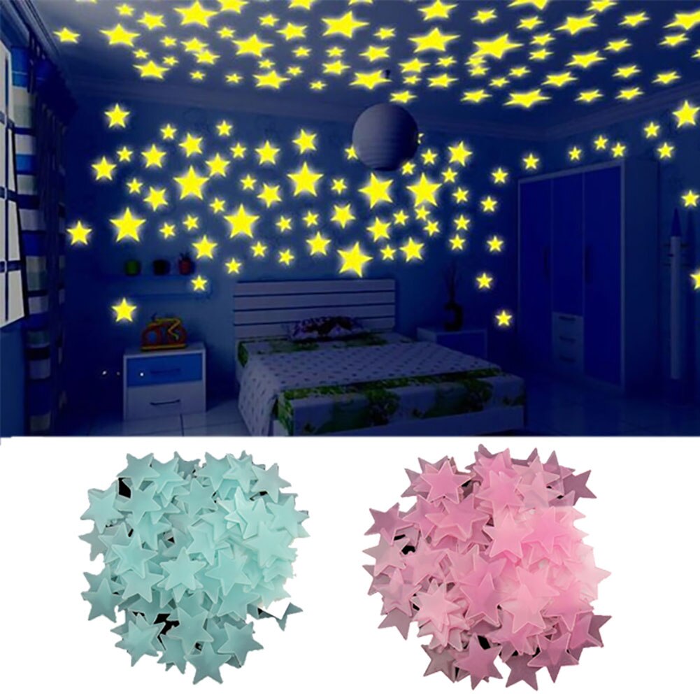 3D Lichtgevende Ster Sticker Glow In Dark Muur Decals Tl Plafond Stickers Kinderkamer Slaapkamer Decoratie 100Pcs