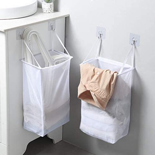 Mesh Hanging Laundry Hamper Bag,Over The Door Closet Organizer Hanging Clothes Basket Folding Collapsible Door Hook with Handles