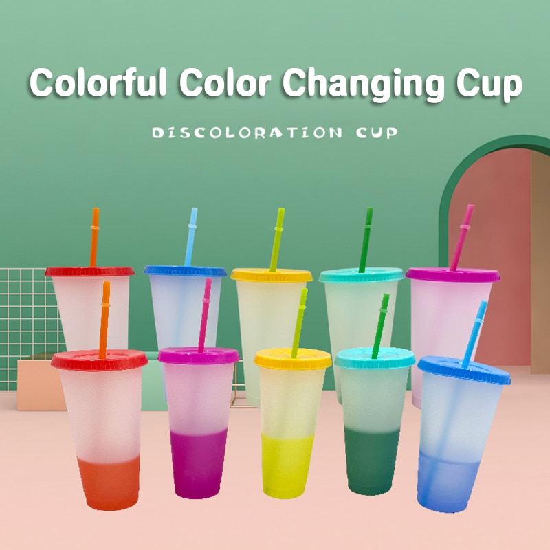 Reusable Color Changing Cold Cups Temperature Magical Color Change Cups Magic Juice Coffee Cup Bottles With Straws And Lid Set