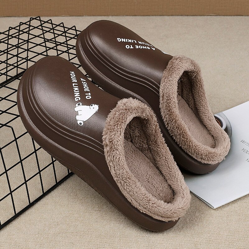 Zuecos de casa de invierno para hombre, zapatillas de levantar con impresiones, Forro cálido de felpa, zapatos impermeables para casa, zuecos cálidos de ,: Brown / 41