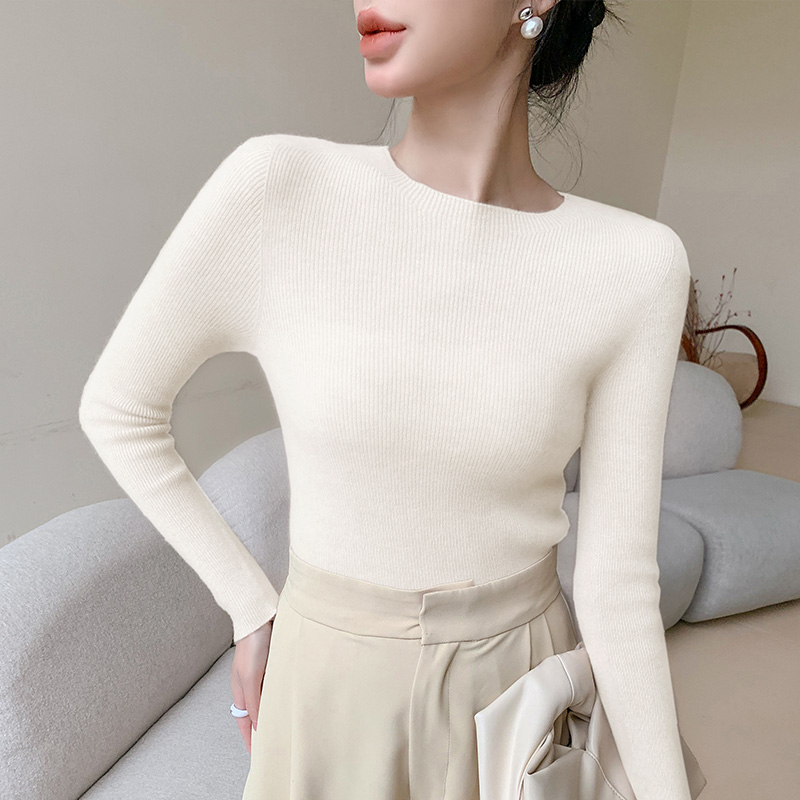 Suéter de malha com nervuras de manga comprida feminina, gola redonda, pulôver fino, tops de luxo, roupa coreana, moda: XXL / Branco