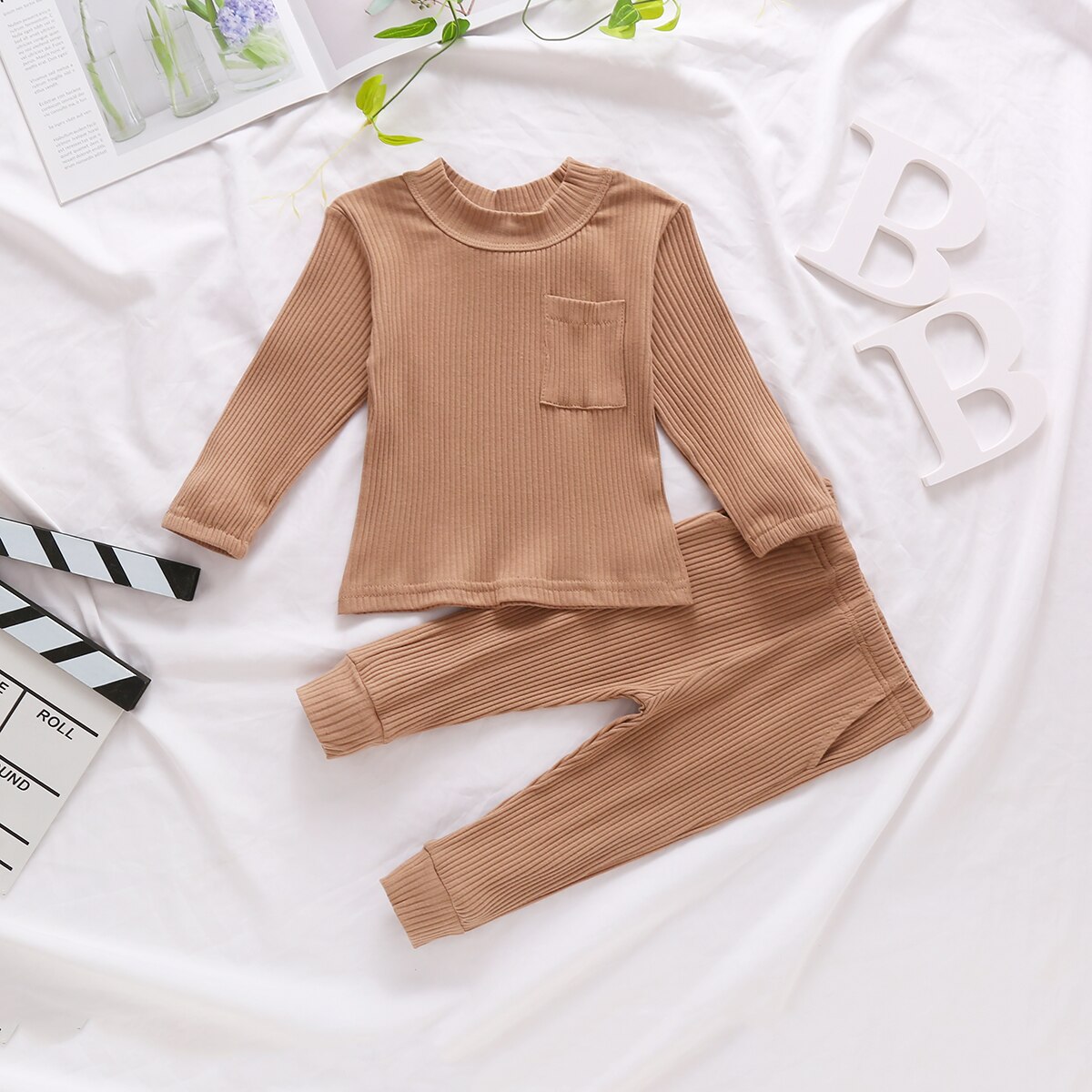 Katoen Casual Herfst Peuter Baby Kleding Solid Pocket Lange Mouwen + Broek Kinderen Baby Meisjes Jongens Outfits Nachtkleding Homewear