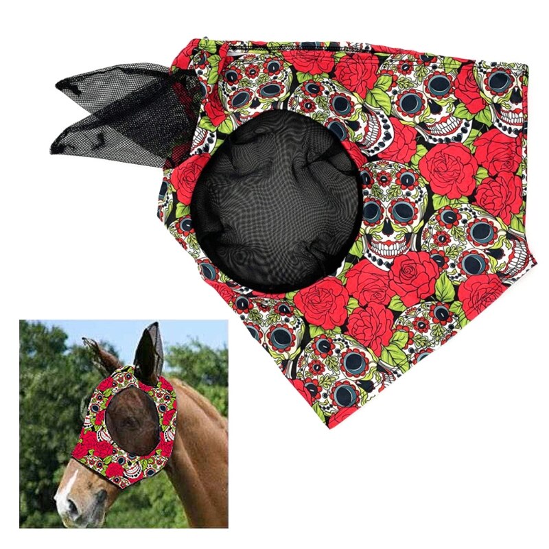 Skull Rose Print Horse Fly Mask with Ears Comfort Fit Horses Face Protection from Insect Bites Summer Breathable Fine Mesh