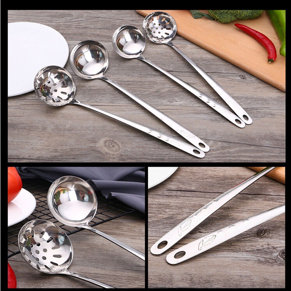 Colador de mango largo de acero inoxidable, cuchara para sopa, filtro de concha, desnatador de postres, cucharada de gachas, accesorios de cocina