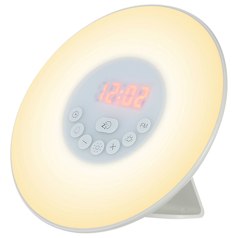 Wake Up Light Alarm Clock Sunrise/Sunset Simulation Digital Clock With Fm Radio 7 Colors Light Sounds Function Press Control: White EU Plug