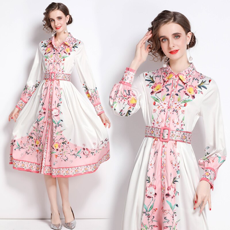 2025 New Spring Summer Vintage Print Loose Dress Women's Stand Long Lantern Sleeve Single Breasted Belt Lace Up A Line Vestidos