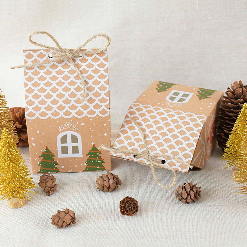 5 stk jul kraftpapir kasser pakning kasse husform slikposer diy cookie pakke taske noel navidad fest dekoration
