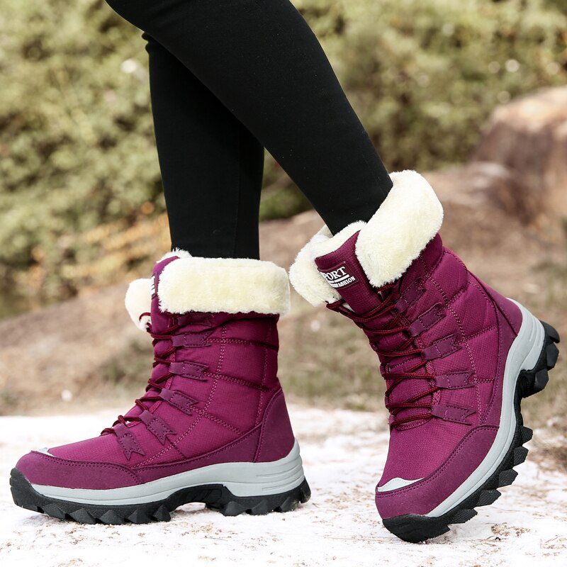 Bottes de neige imperméables pour femme, chaussures mi-mollet, chaudes et épaisses, à lacets, collection hiver