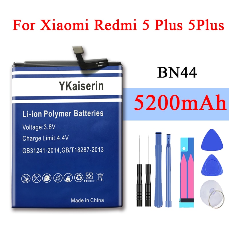 Bn44 bateria do telefone móvel para xiaomi redmi 5 plus 5200 mah polímero substituição forte resistência bateria batteria bn 44 + faixa não