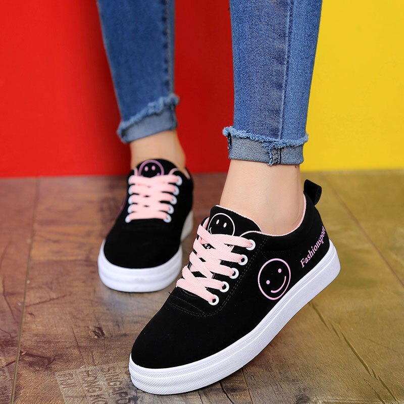 Vrouwen Canvas Schoenen Zomer/Herfst Flats Vrouwen Schoenen Classic Lace Up Smiley Gezicht Wandelen Vrouwen Sneakers: Roze / 36