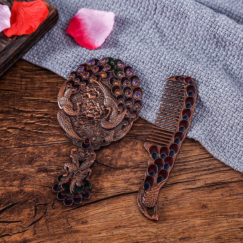 Makijaż lustro chiński Vintage Hollow-out rzeźba Rhinestone lustro zestaw grzebieni z pudełko eleganckie z kieszeniami lustro dla kobiet: 4