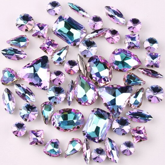Zilveren klauwzettingen 50 stuks/tas vormen mix violet regenboog glas kristal naaien op strass trouwjurk schoenen tassen doe-het-zelf afwerking: Default Title