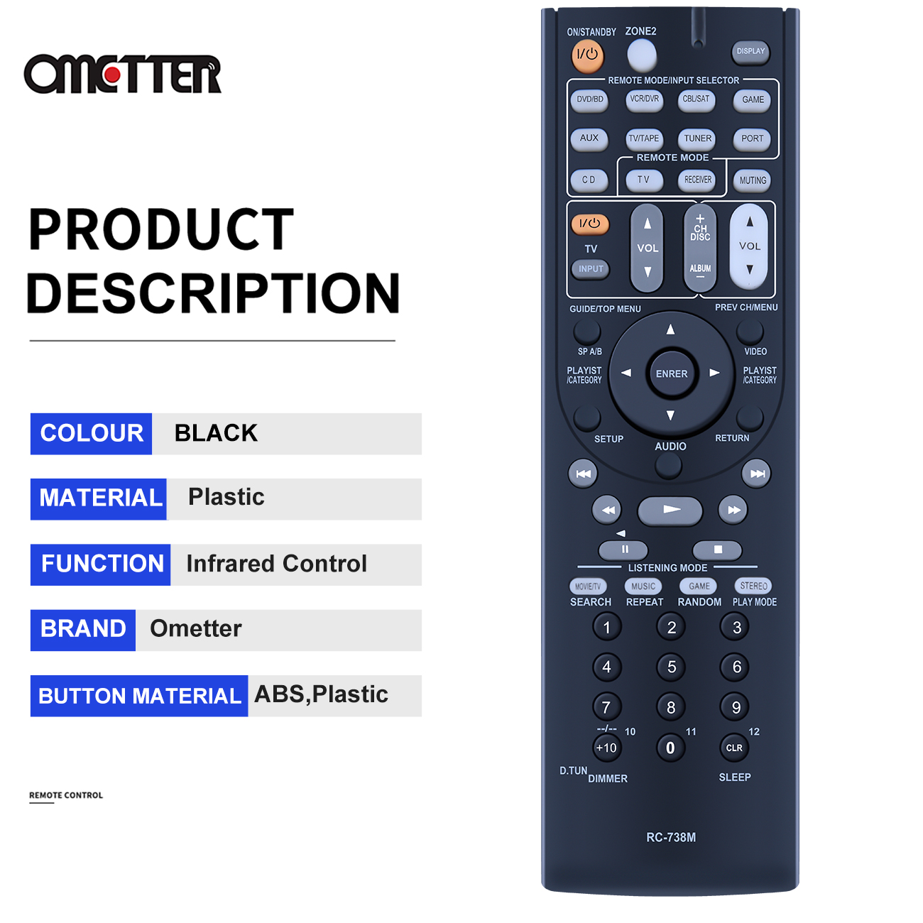 RC-738M For Onkyo AV Receiver Remote Control HT-RC160 HT-S7200 TX-SR607
