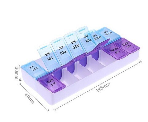 14 galler per vecka pillerfodral 7 dagar medicinask tablett dispenser organisatör piller box splitters plastförvaringsbox med klämlock: 1