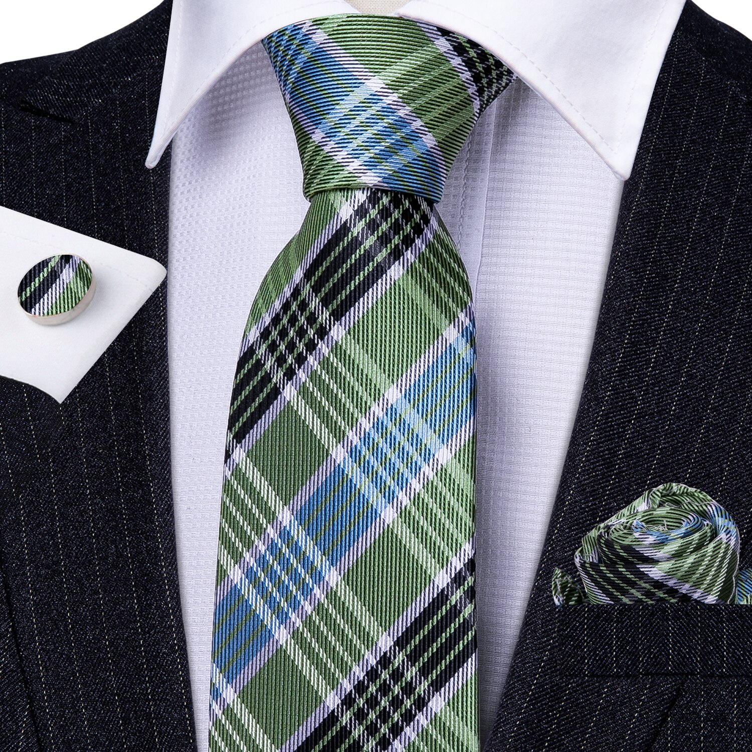 Luxury Green Plaid 100% Silk Tie For Men Suit Wedding Tie Barry.Wang NeckTies Hanky Sets Business LN-5327