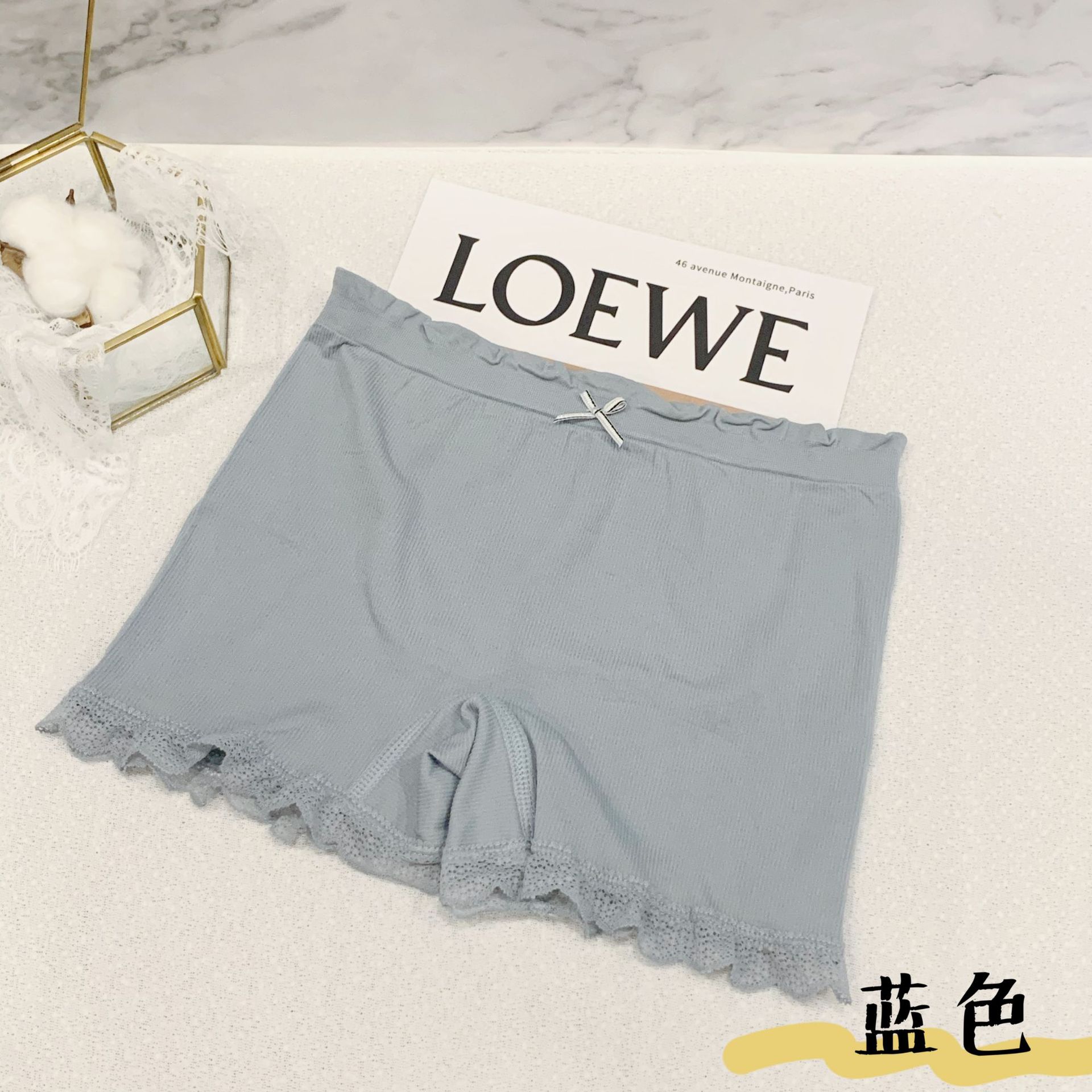 Safety pants with twist lace edge, anti light, high elasticity and seamless middle waist underwear, women's bow flat angle pants: Blue