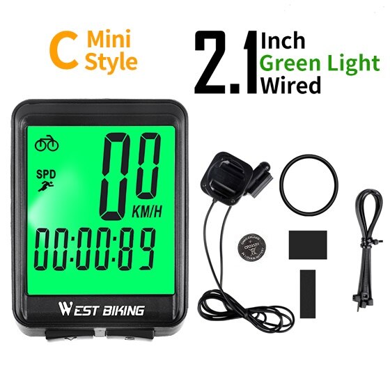 Velocímetro de ciclismo WEST BIKING, pantalla grande de 2,8 pulgadas, impermeable, 20 funciones, inalámbrico y con cable, odómetro de bicicleta, ordenador: C Wired Green