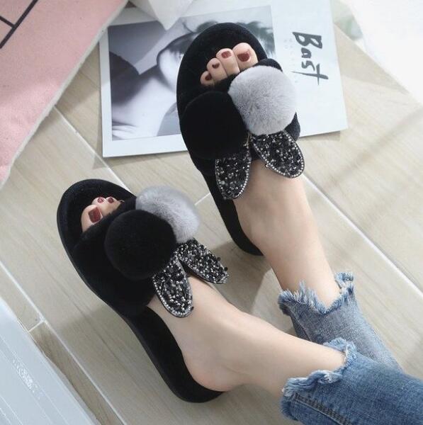 Winter Plush Ball Home Slipper Ladies Warm Short Furry Women Comfort Fur Rabbit Woman Soft Bottom Female Shoes ww20: Black / 10