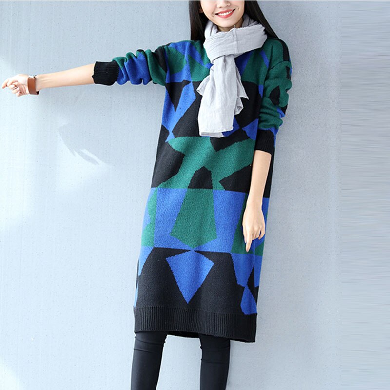 Spring Knitted Sweaters Dresses Vestidos Women Geometric pattern O-Neck Long Sleeve Loose Winter Casual Dresses FP0277: Blue