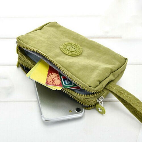 Kvinders solide 3 lag lærred telefonpose kort tegnebog tre-lags lynlås møntkort nøglepung