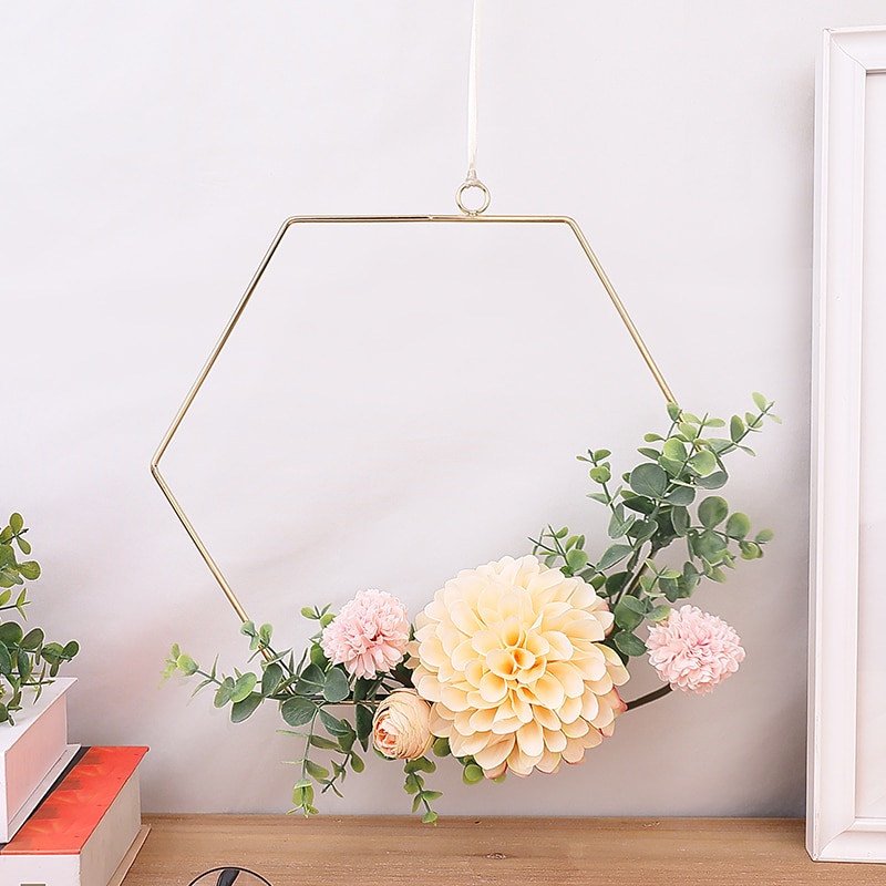Järn guld metall fyrkantig form vägghängande krans konstgjord blomställning julkrans bröllop brud handgjorda blommor båge