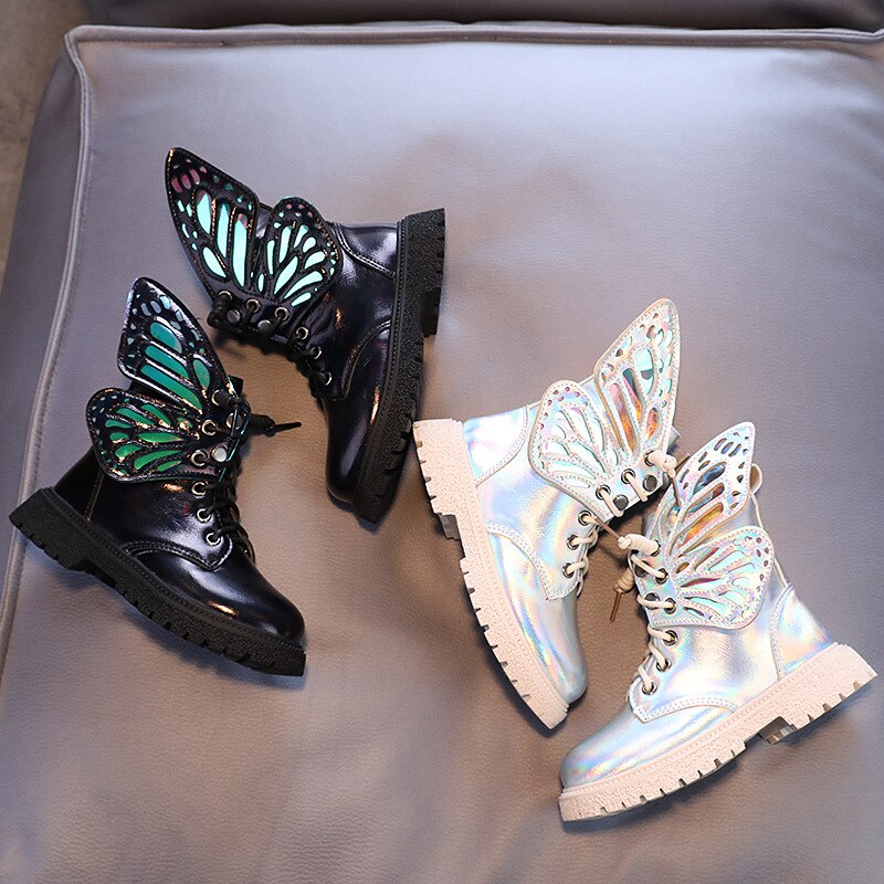 Girls Short Boots Princess Super Shine Butterfly Wings 2022 Winter Big Children Martin Boots Velvet Sweet Kids Boots