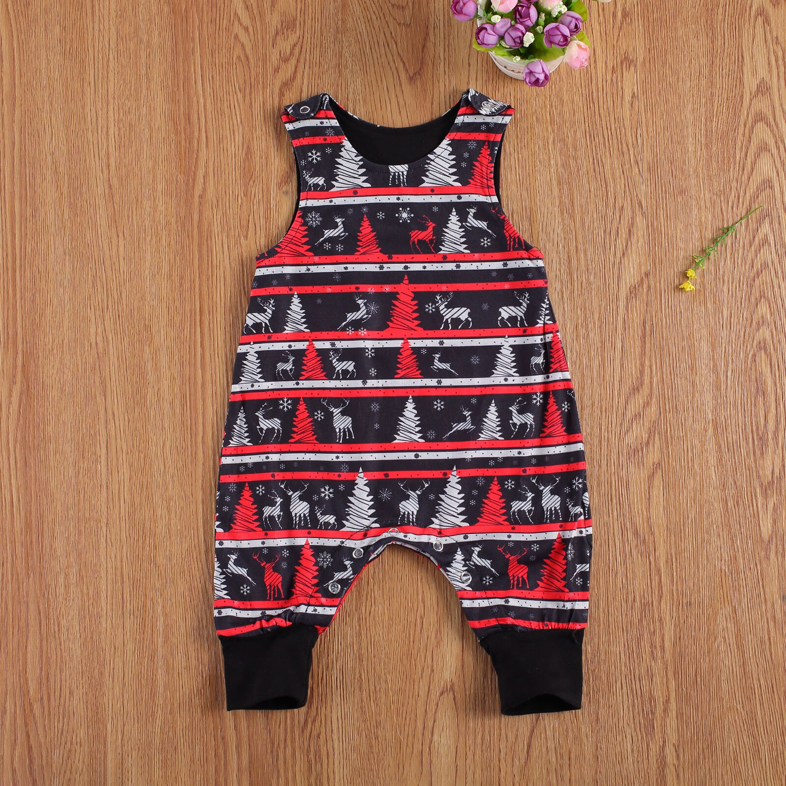 0-24m kerst rompertjes voor babymeisjes en jongens, mouwloos, met knoopjes, eendelig, met cartoonprint