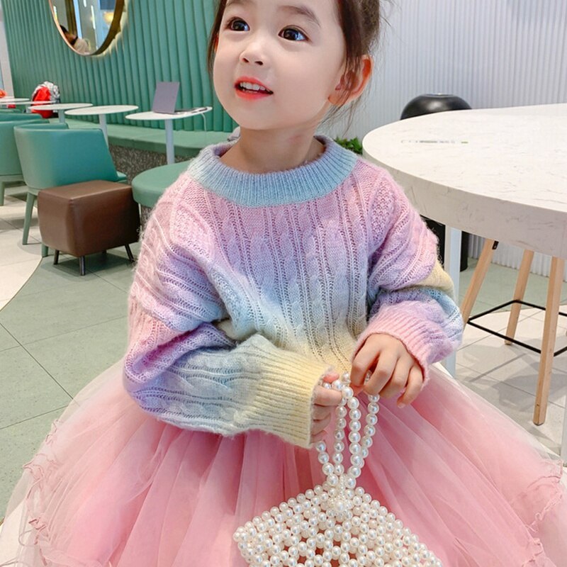 Pull tricoté arc-en-ciel pour fille, pull ample à col rond, vêtement pour enfant de 3 à 11 ans, collection automne et hiver