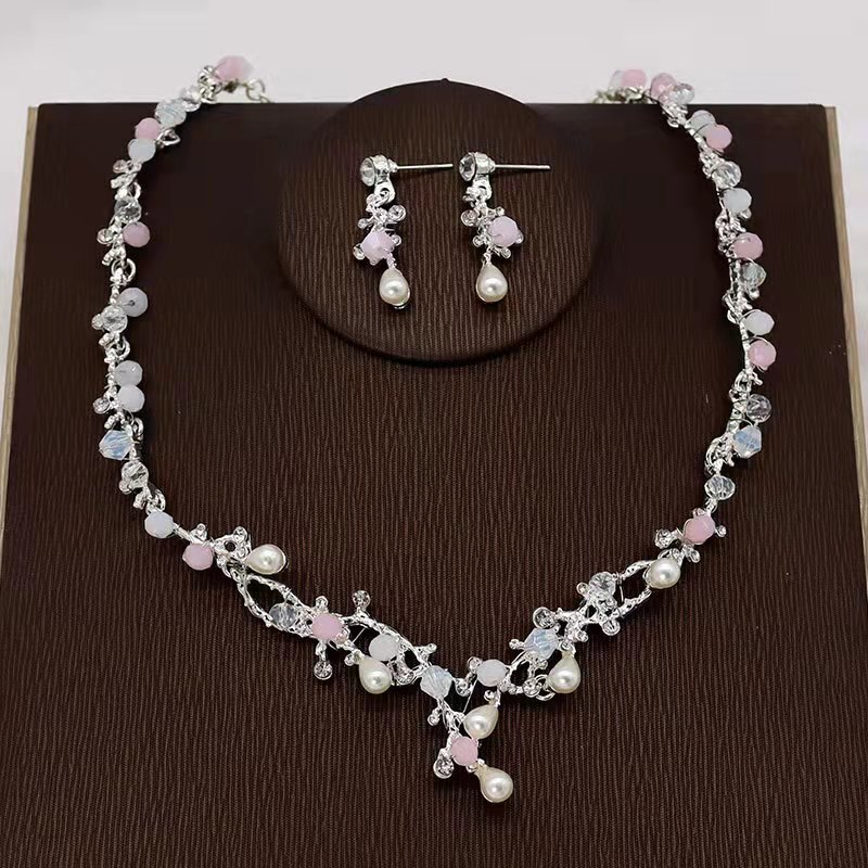 Luxus Kristall Perlen Perle Schmetterling Kostüm Schmuck Sets Floral Strass Halsband Halskette Ohrringe Tiara Hochzeit Schmuck Set: 2 jewelry silver