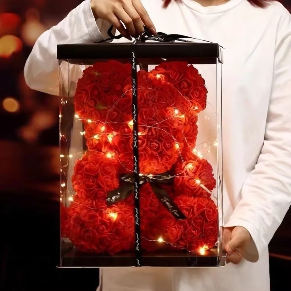 Oso de flor rosa de peluche Artificial de 25cm con caja, romántico del Día de San Valentín, suministros para de boda y aniversario para novia y mujer