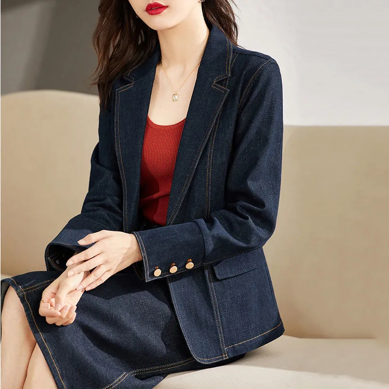 Spring Autumn Denim Blazer Women's Long Sleeved One Button Short Jeans Jacket Ladies Slim Cowboy Coats Outerwear Female: XXL