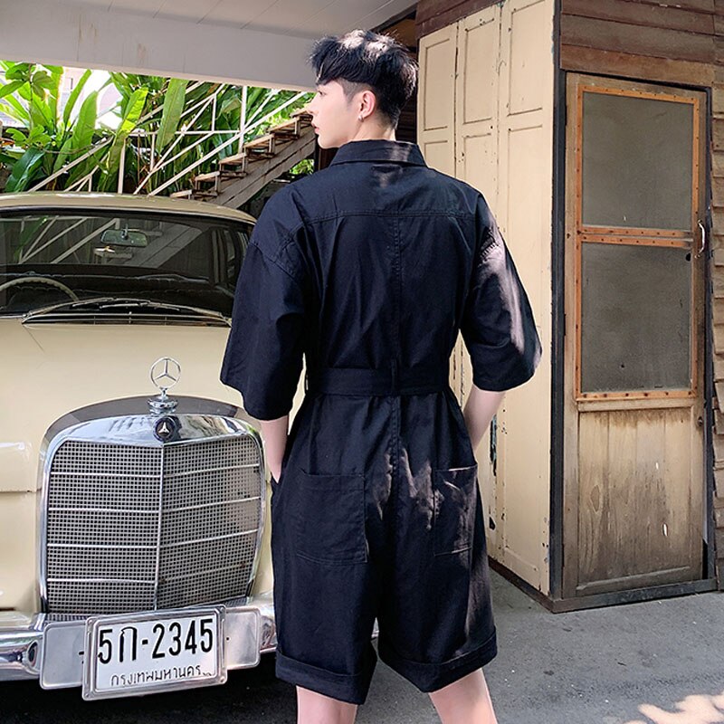 Men Jumpsuits Overalls Summer Short Sleeve Loose Casual Shirt Style Short Trouser Male Women Streetwear Hip Hop Harem Pants