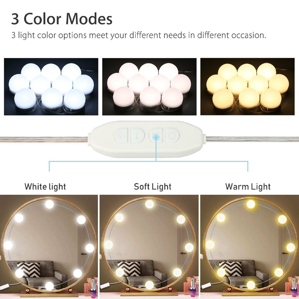 10LED LED Makeup Mirror Light Bulb Vanity Lights Stepless Dimmable Wall Lamp Bulbs Kit for Dressing Table