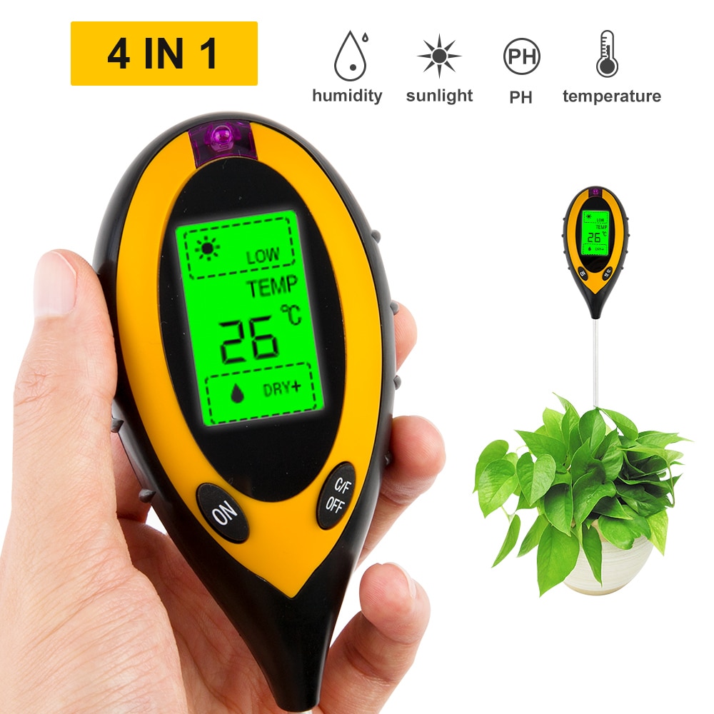 Medidor digital de ph do solo 4 em 1, monitor de temperatura, luz solar, testador para jardinagem, plantas, agricultura com luz negra
