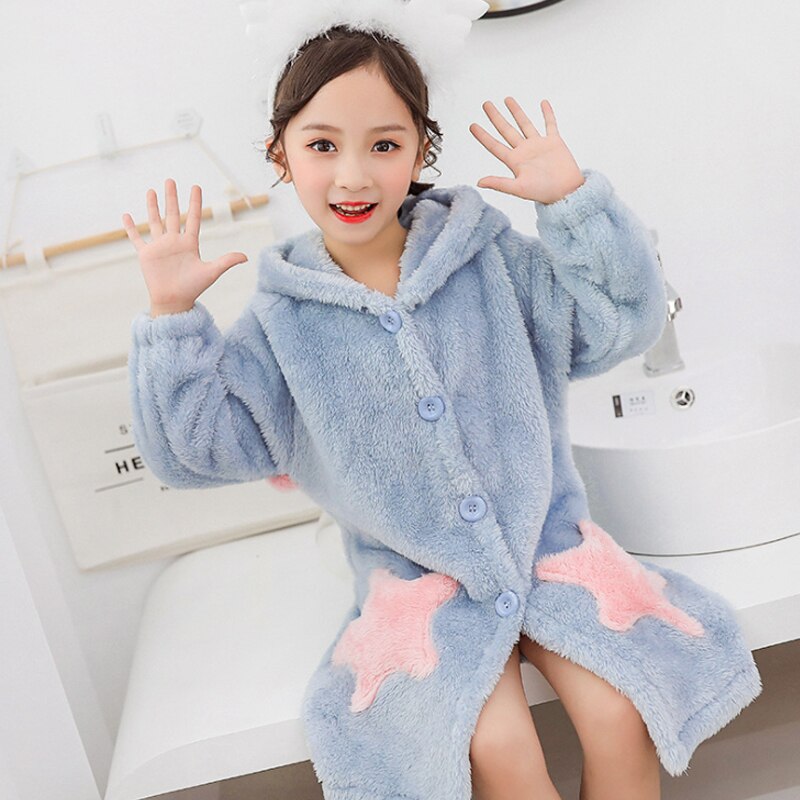 Vinter bebis pyjamas morgonrock tecknad hoodies flicka pojkar nattkläder badhanddukar barn mjuk morgonrock pyjamas #39: Blå / 160 cm