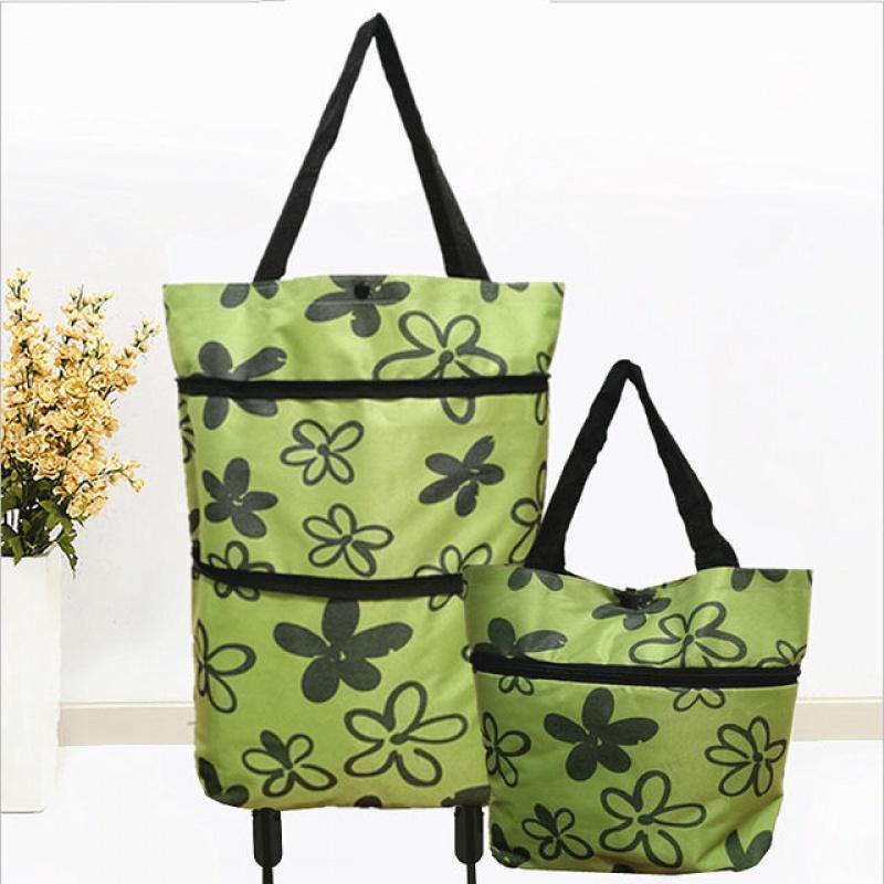 2 In 1 Foldable Shopping Cart Collapsible Two-Stage Zipper Folding Shopping Bag With Wheels Foldable organizador: Yellow