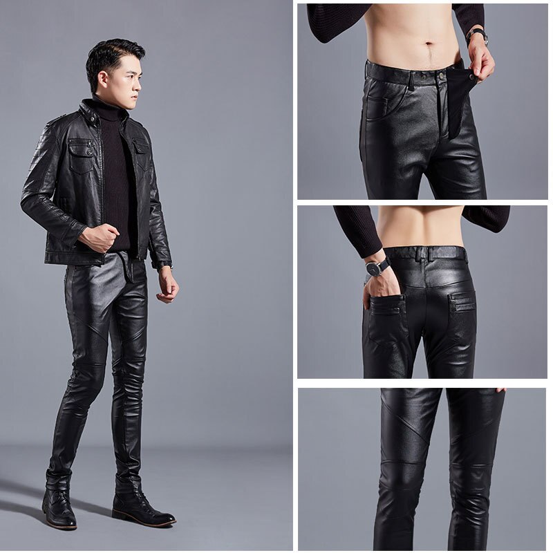 Mannen Herfst Dunne Lederen Broek Slim Fit Lederen Broek Jeugd Voeten Stretch Motorfiets Pu Lederen Broek