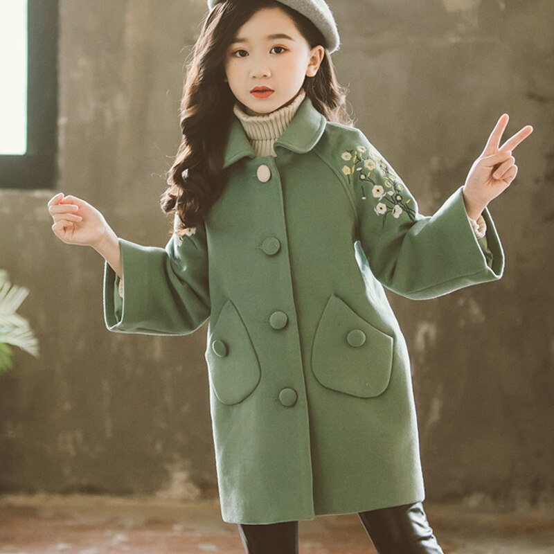 Korean Winter Overcoat Woolen Coat Baby Girls Warm Thickening Tops Lapel Flower Pattern Kids Children Outwear Clothing