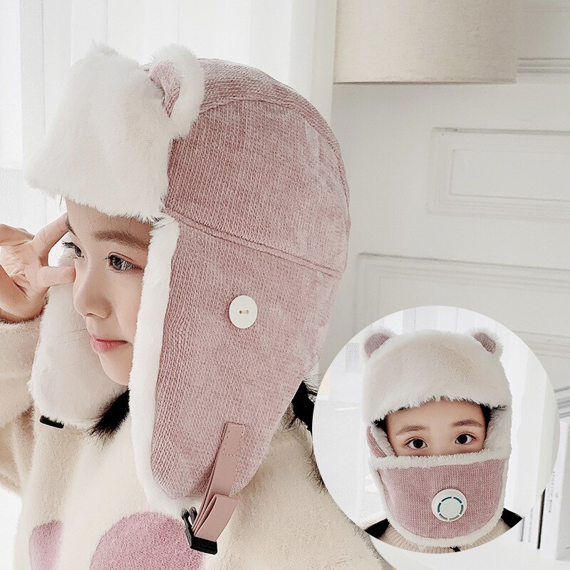 HT3382 Warm Russian Hat Kids Cute Ears Earflap Cap Boys Girls Winter Hats with Mask Children Windproof Russian Cap Bomber Hat