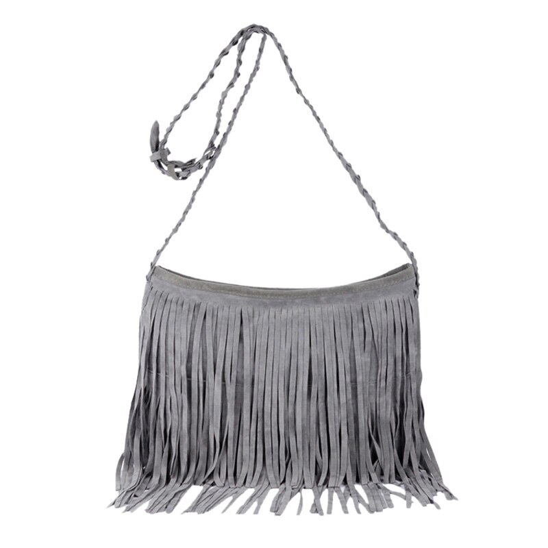 Womens Tassle Fringe Faux Suede Schouder Messenger Crossbody Handtas Portemonnee Zwart Bruin Wit: Gray