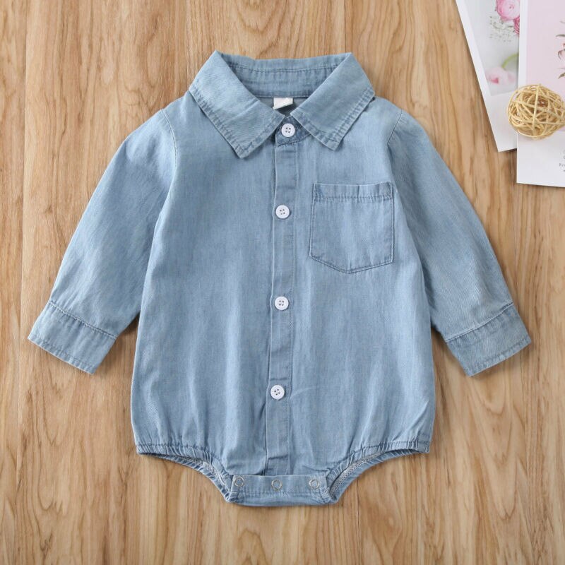 Bodysuit for Newborns Twins Baby Boy Girl Long Sleeve Blue Denim Shirts Ruffle Bodysuit Jumpsuit Sisters Brothers Clothes