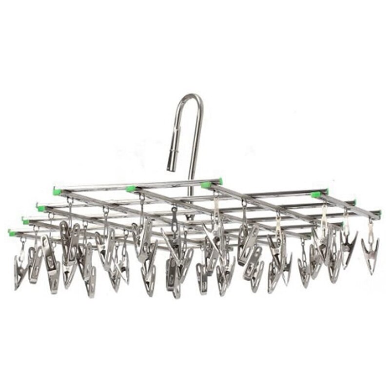 Torkställ i rostfritt stål med 35 klämmor, utrymmesbesparande dropphängare, krok för torkpinnar för tvätt, kläder, strumpor