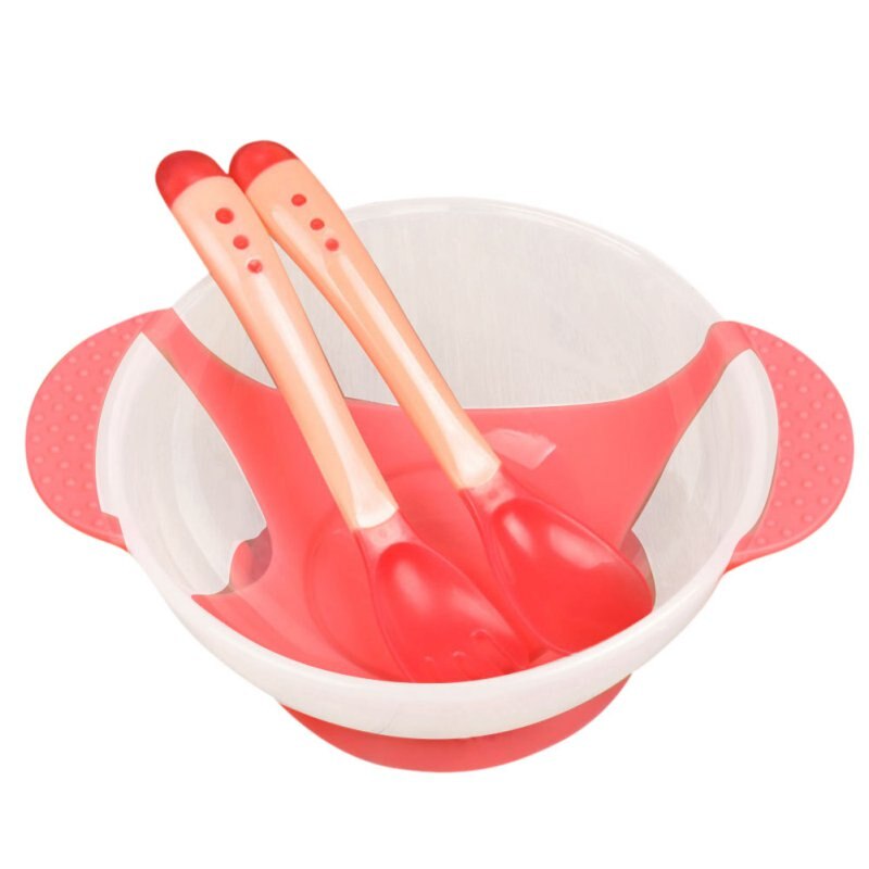 3 platos de aprendizaje para bebés con ventosa, tazón de comida con sensor de temperatura, cuchara para bebé, juego de tazón y cuchara, vajilla para bebé: Rosa