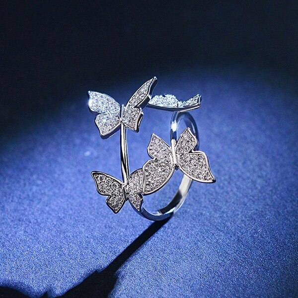 Trendy Crystal Four Butterfly Adjusted Finger Rings Animal Romantic Opening Jewelry Women Girl Wedding Engagement
