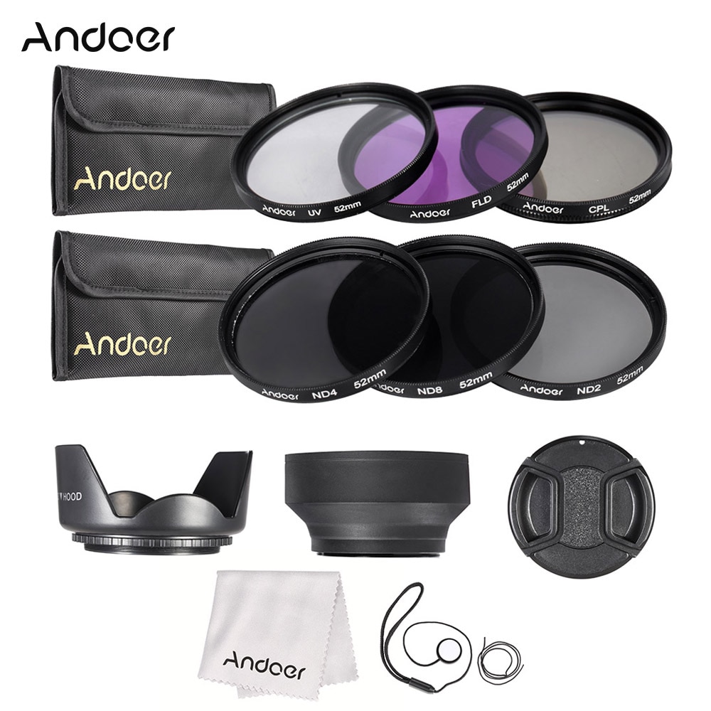 Andoer 52mm Objektiv-filter Kit UV + CPL + FLD + ND (ND2 ND4 ND8) mit Tragen beutel/Objektivdeckel/Kappe Halter/Tulip & Gummi Lichtblenden/Tuch