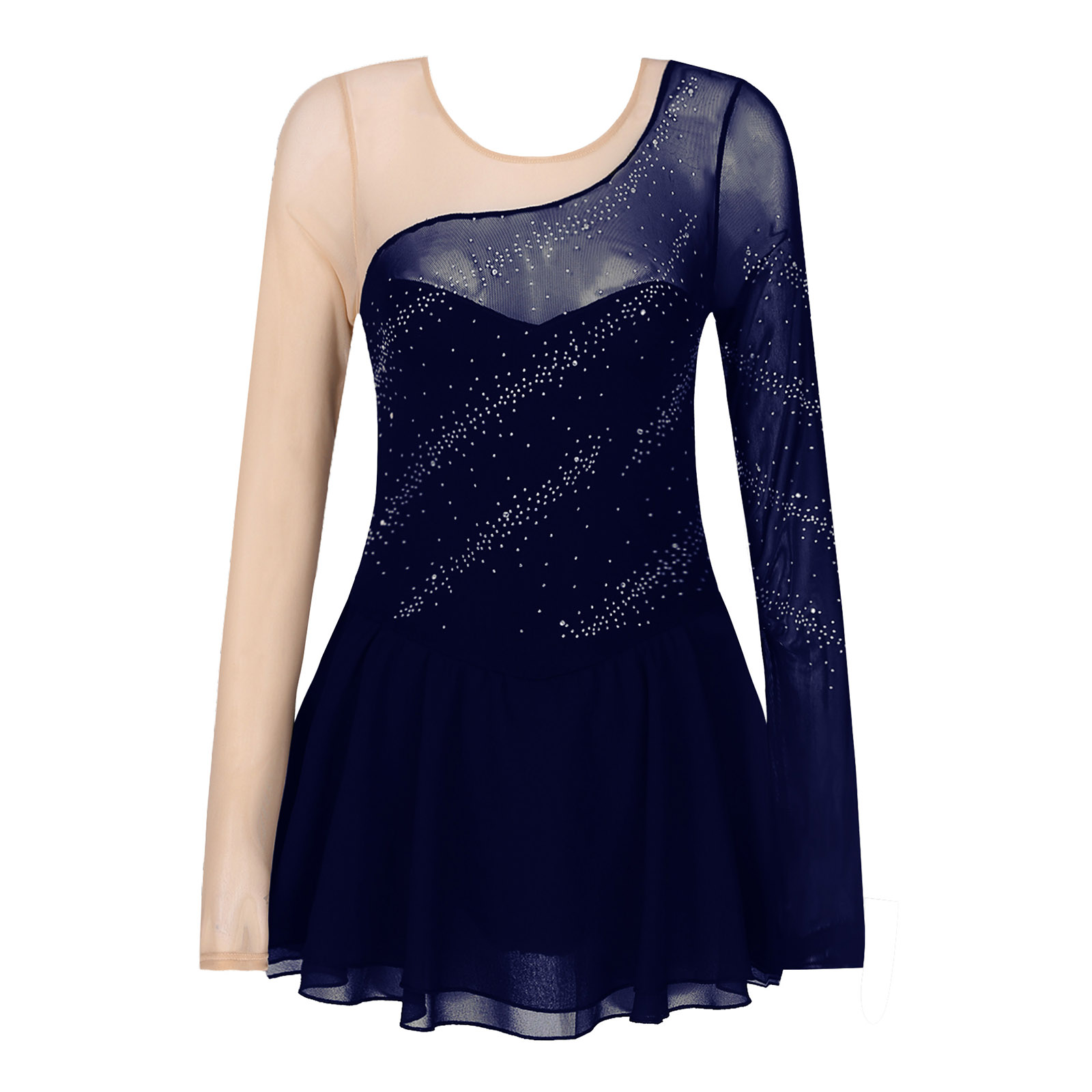 Women Adults Ballet Dance Dress Long Sleeves Mesh Splice Figure Ice Skating Dress Rhinestone Leotard Lyrical Modern Dance Dress: Navy Blue / L