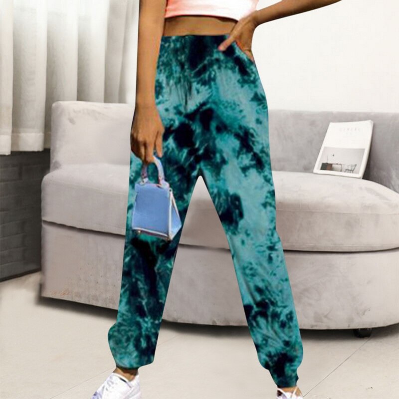 Women High-Waist Joggers Trousers Tie Dye Printed Sweatpants Casual Loose Sports Wear Female Drawstring Side Pockets Leggings: lake blue / XXL